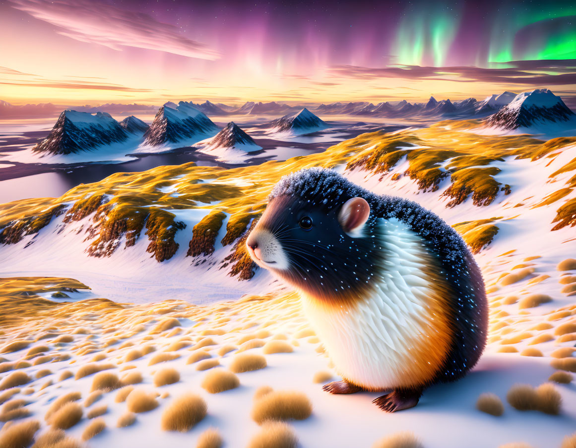 Giant hedgehog in surreal polar landscape with northern lights