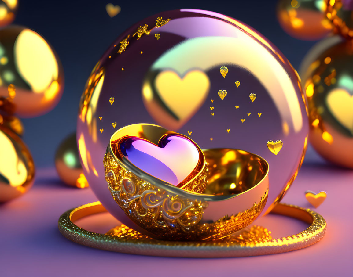 Translucent sphere with golden hearts and heart-shaped gold ring on violet backdrop