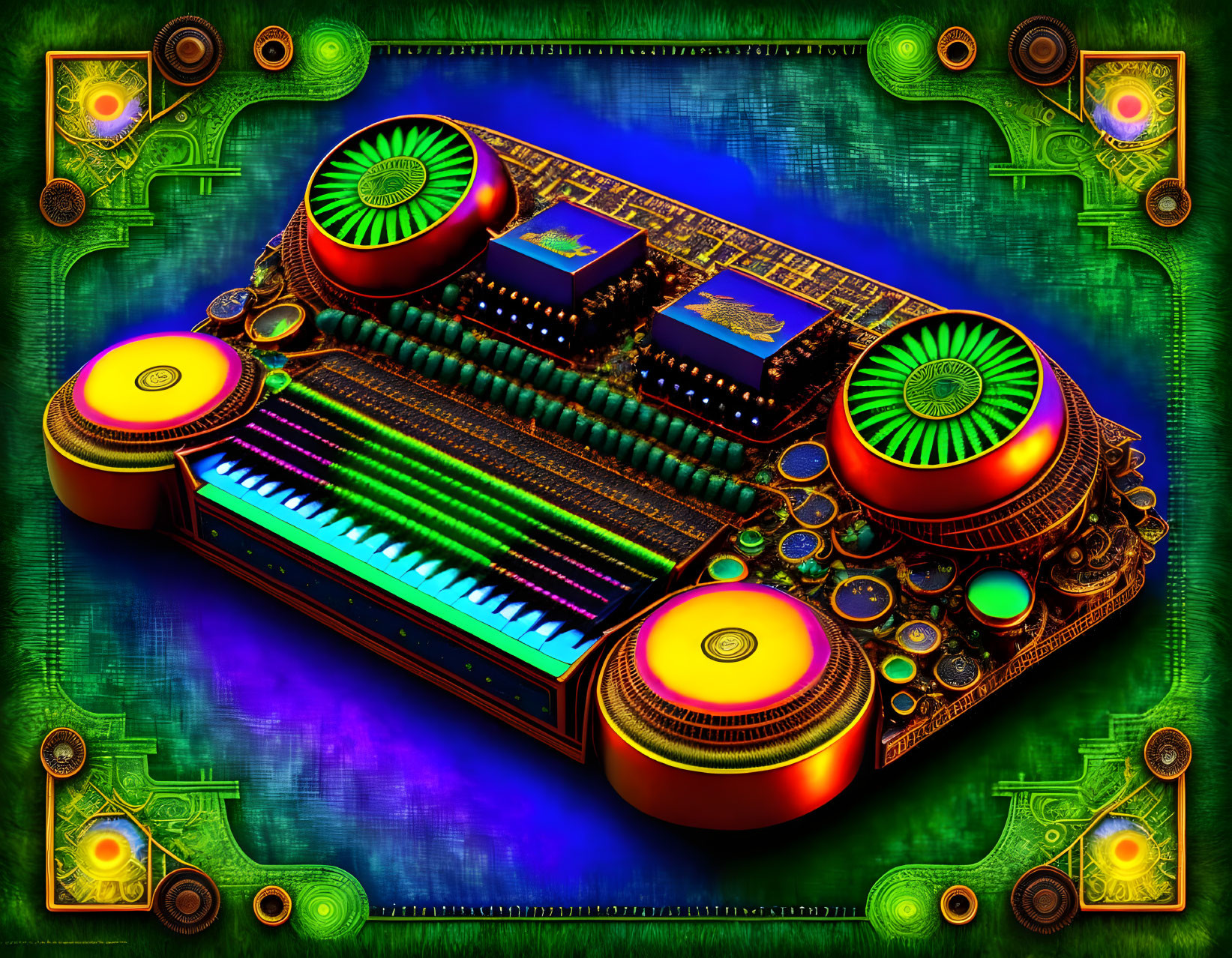 Colorful Futuristic Digital Art: Intricate Console Design on Abstract Background