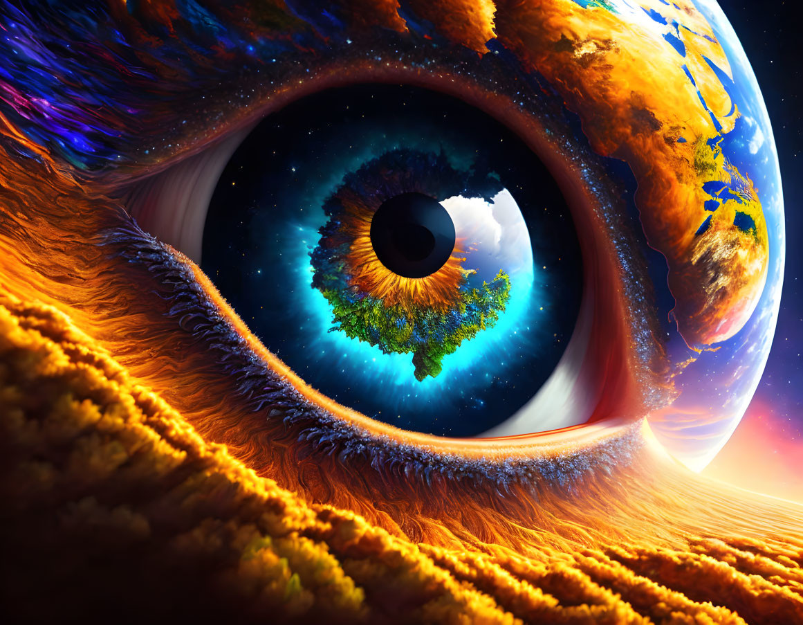 Surreal illustration of human eye with Earth-like planet and space elements