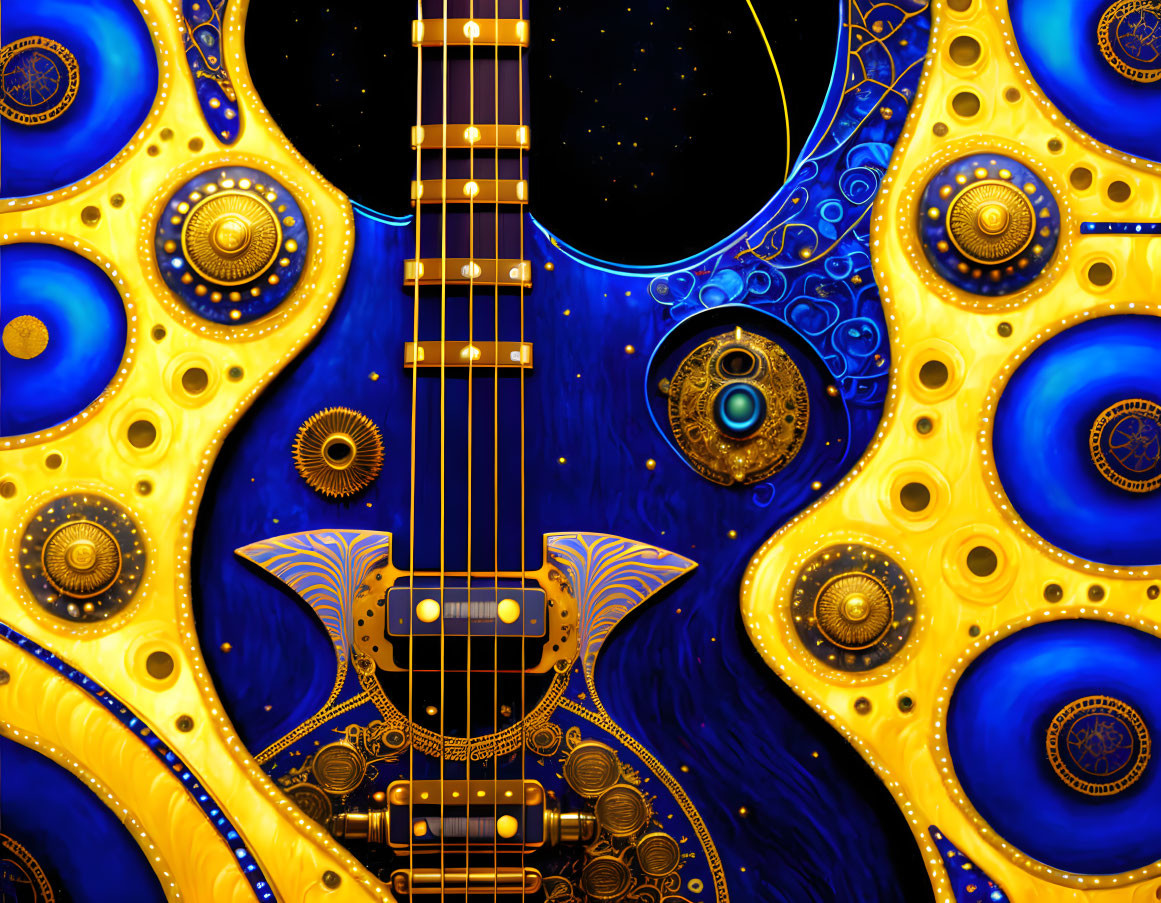 Abstract Guitar Artwork with Psychedelic Patterns in Blue and Gold