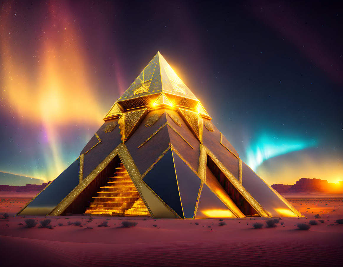 Futuristic illuminated pyramid in desert landscape at dusk or dawn