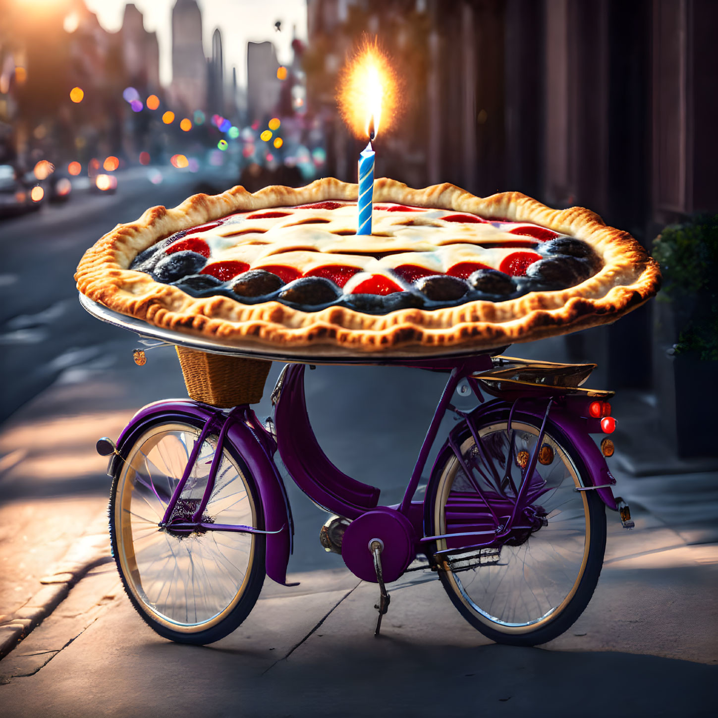 Purple Bicycle with Giant Fruit Pie and Candle on City Street Sunset Background