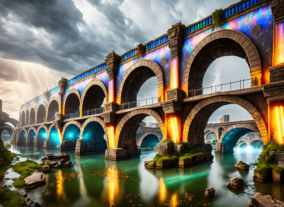 Stone bridge over river with lightning and reflections