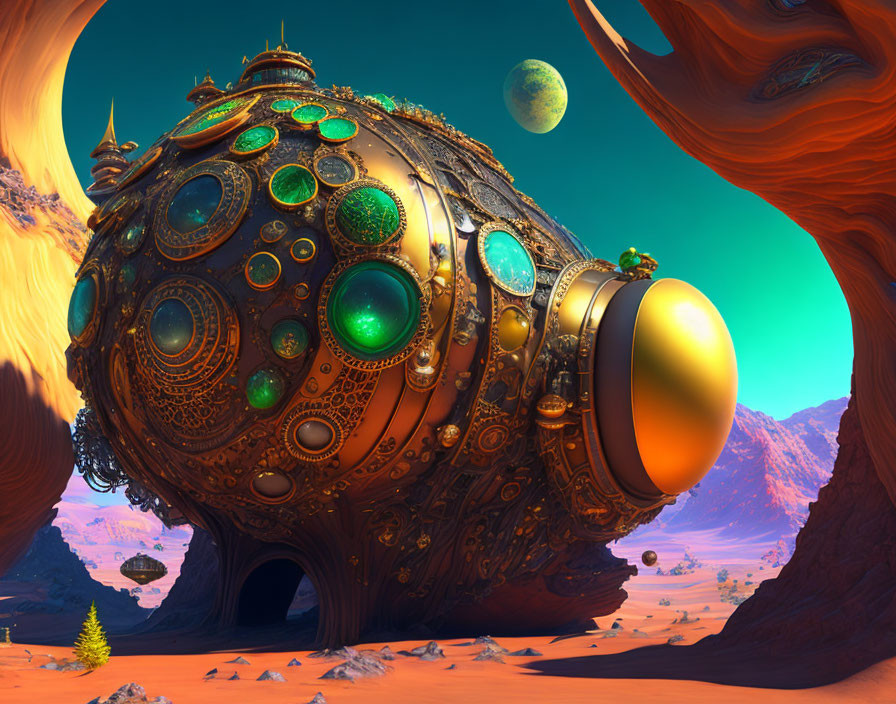 Intricate golden designs on futuristic spherical structure in alien desert landscape