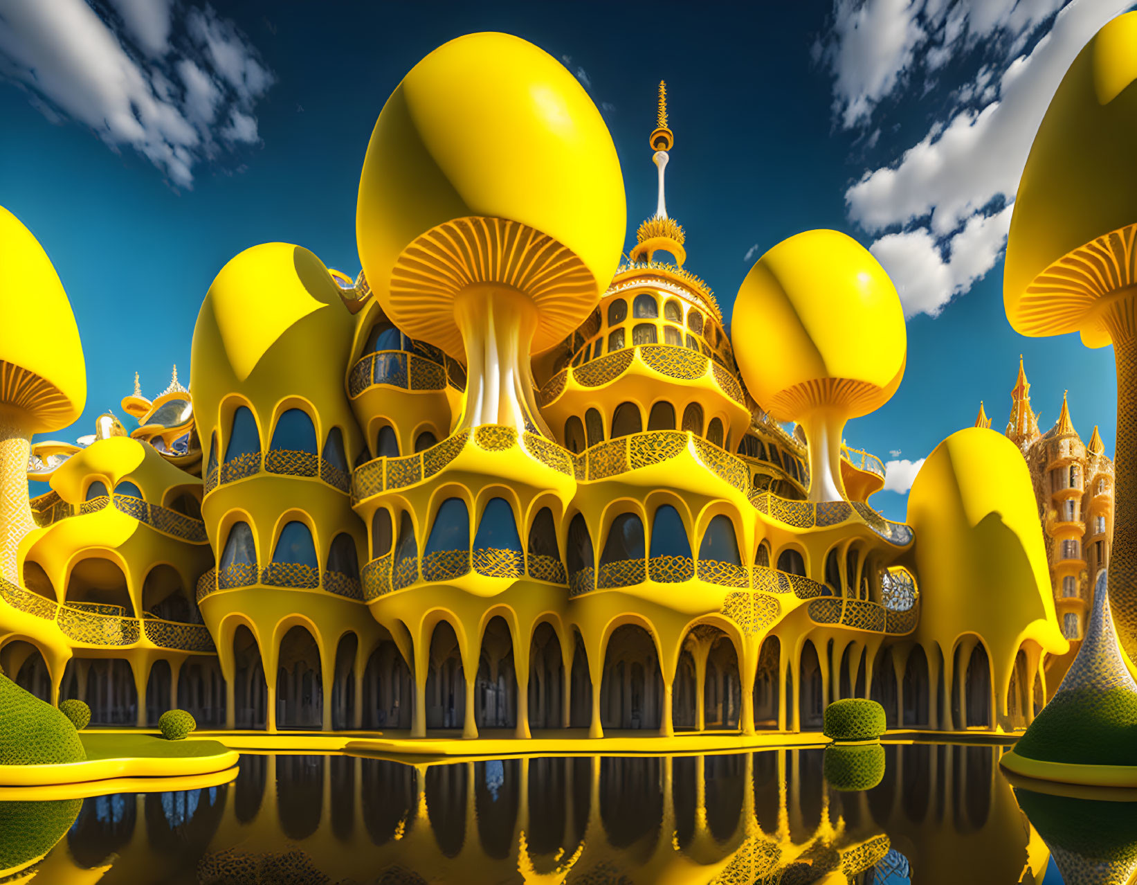 3D-rendered landscape with golden-yellow structures and mushroom-like domes