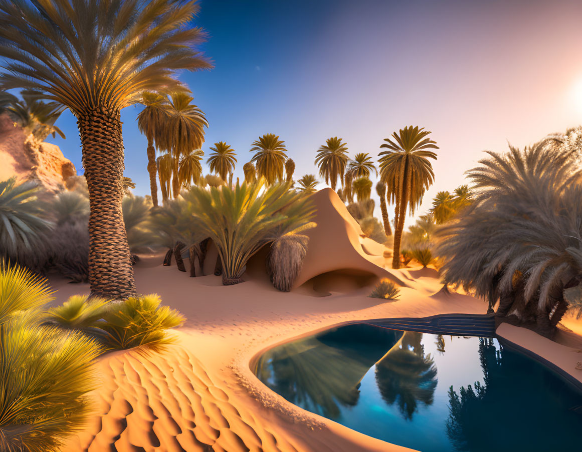 Tranquil oasis with palm trees, pond, and desert dunes at sunset