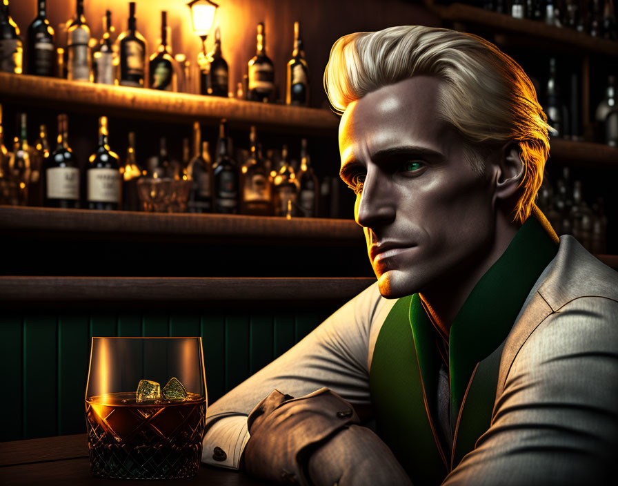 3D-rendered man with blonde hair in suit at bar with whiskey and bottles