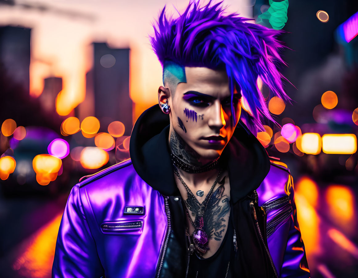 Spiked Purple Mohawk and Face Paint in City at Dusk