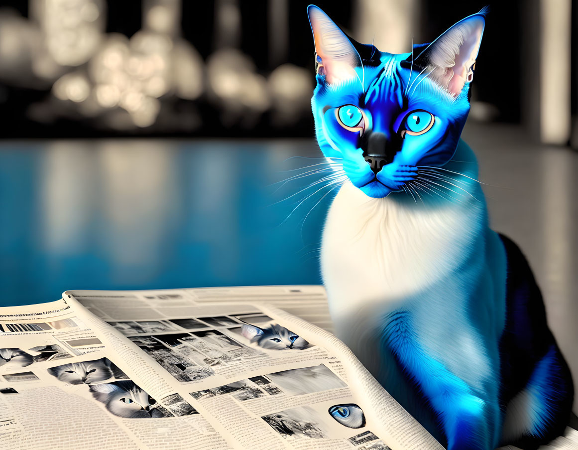 Digitally manipulated image of blue and white cat with human-like blue eyes reading newspaper on table.