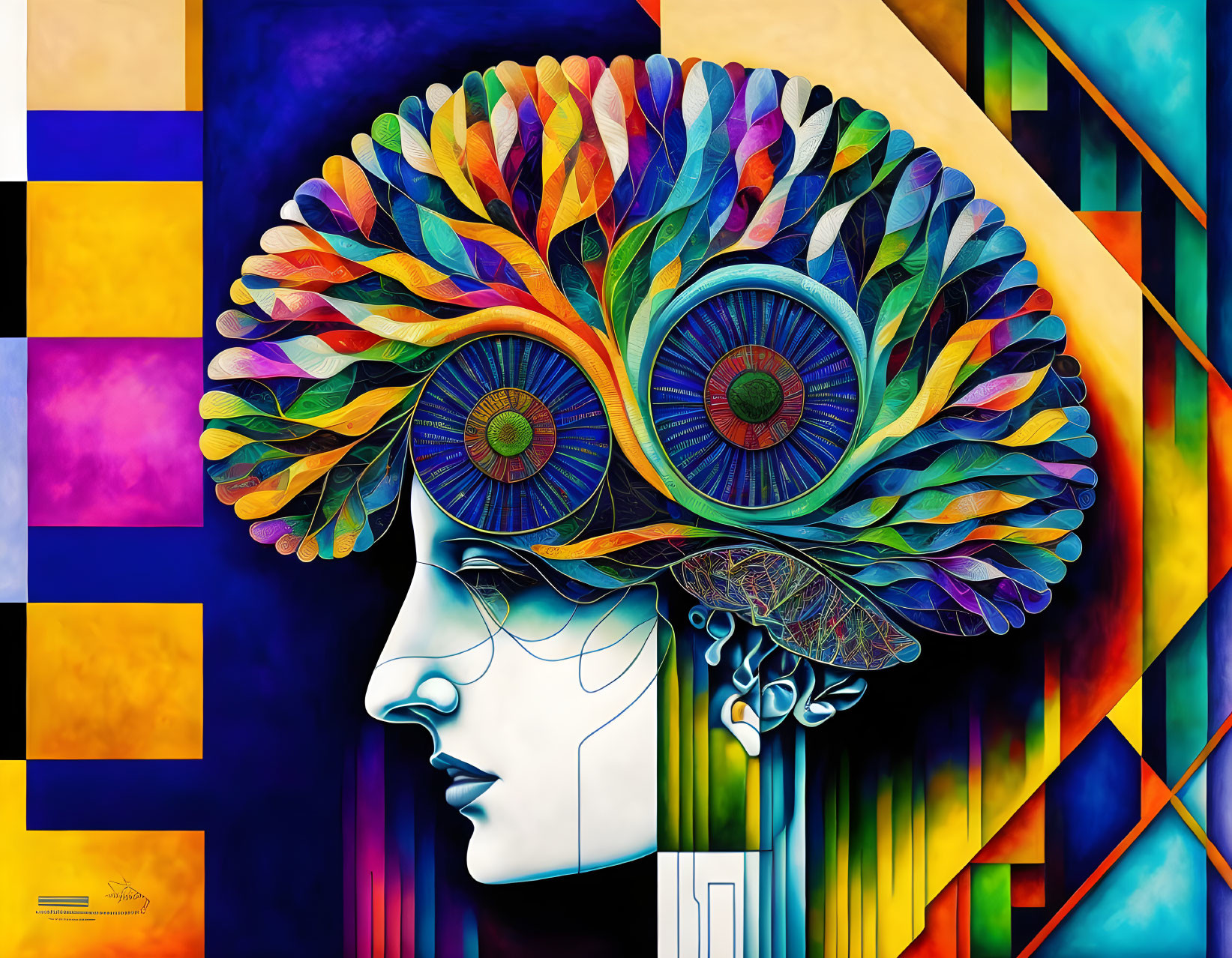 Colorful profile of human face with feather-like brain on abstract background