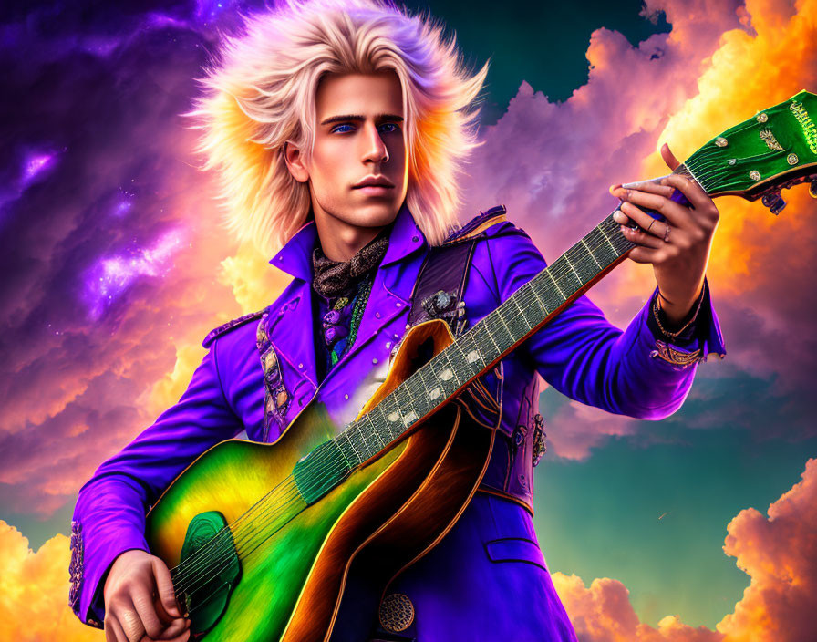 Man with White Hair Playing Green Guitar in Vibrant Sky