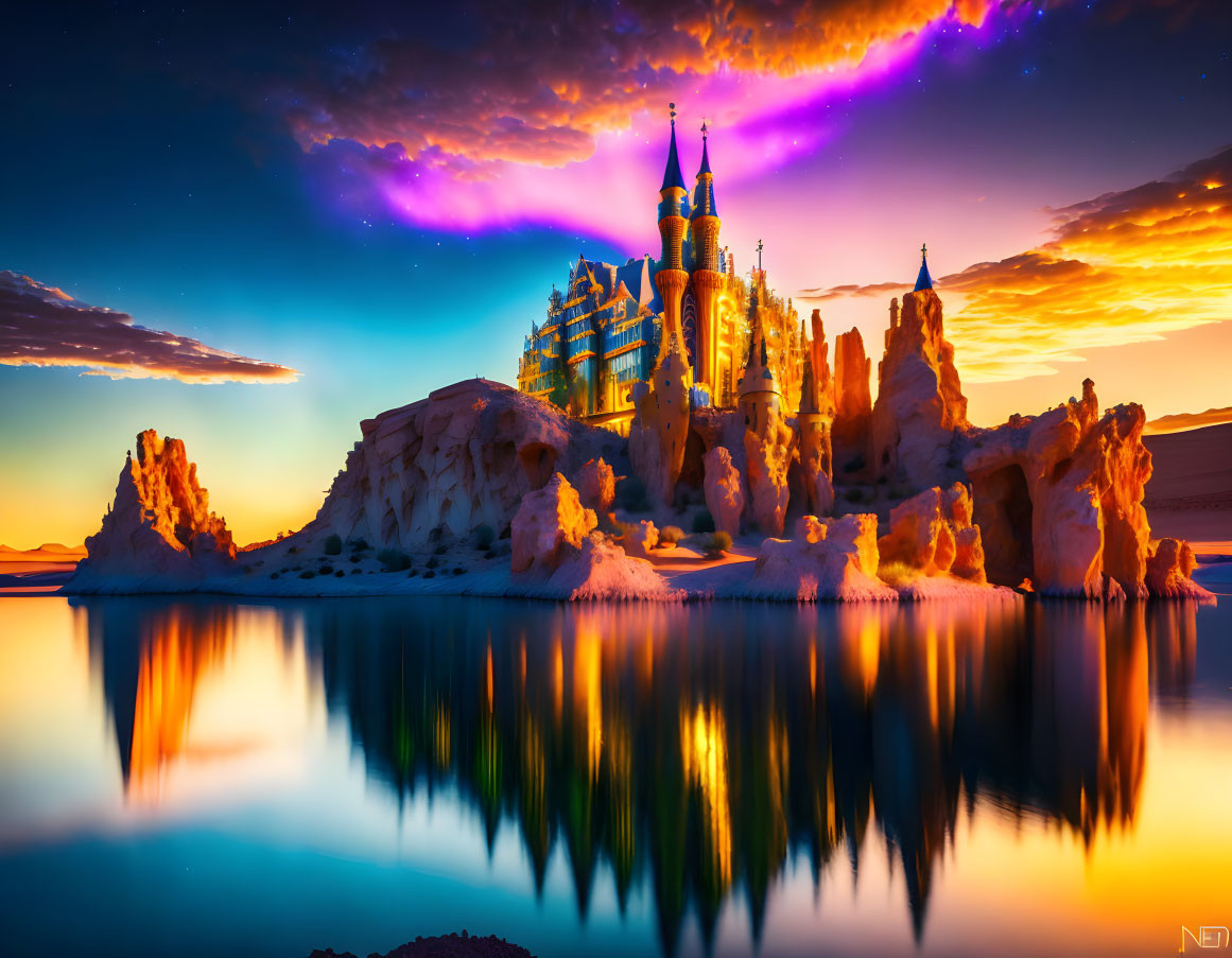 Vibrant Fantasy Castle Reflecting on Tranquil Lake at Sunset
