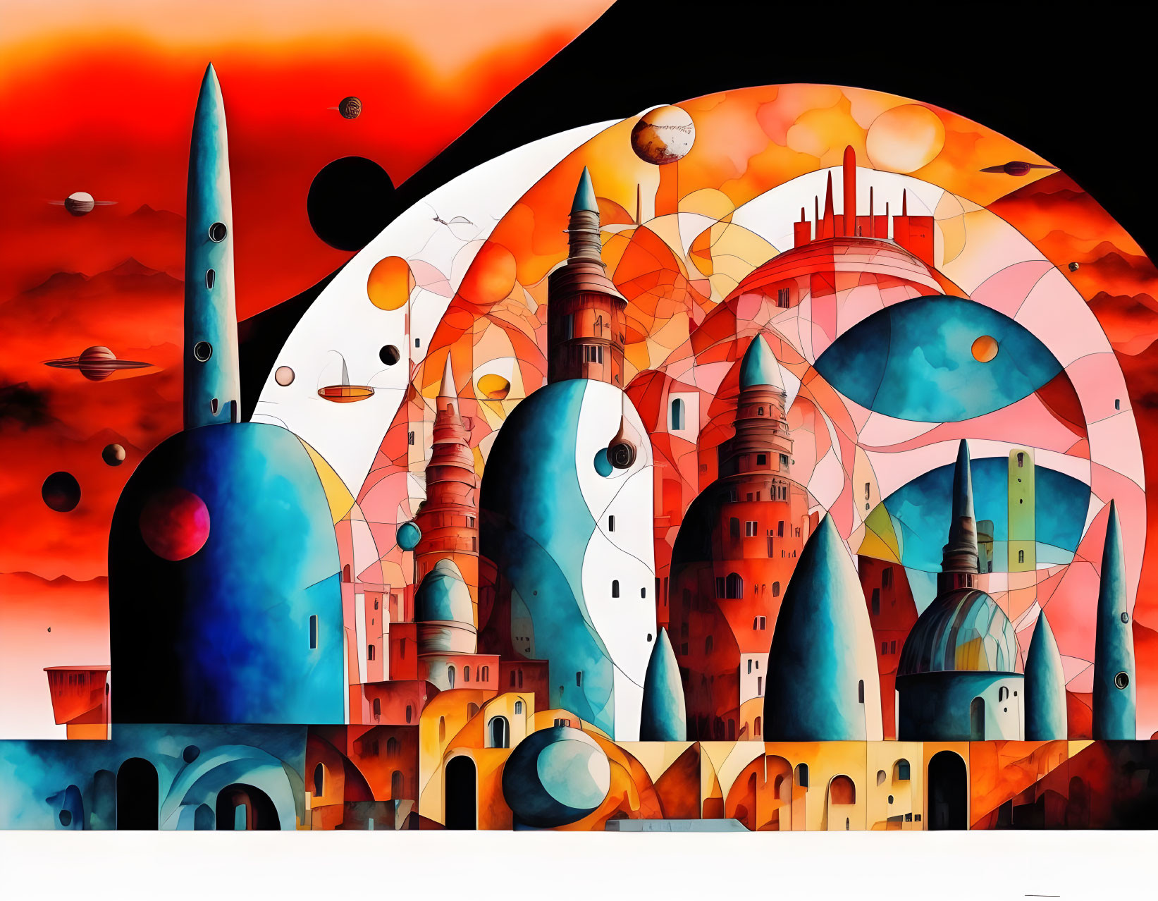 Vibrant abstract cityscape with colorful architecture and circular focal point