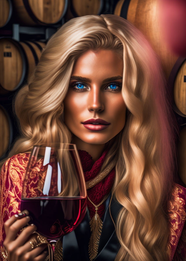 Blonde woman with blue eyes holding red wine glass by wine barrels