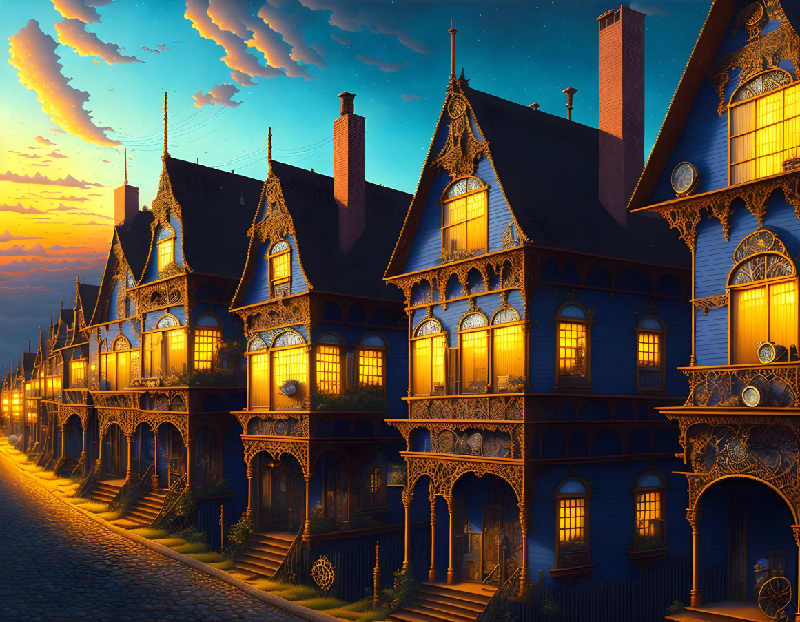 Victorian-style houses on cobblestone street at dusk with warm lights.