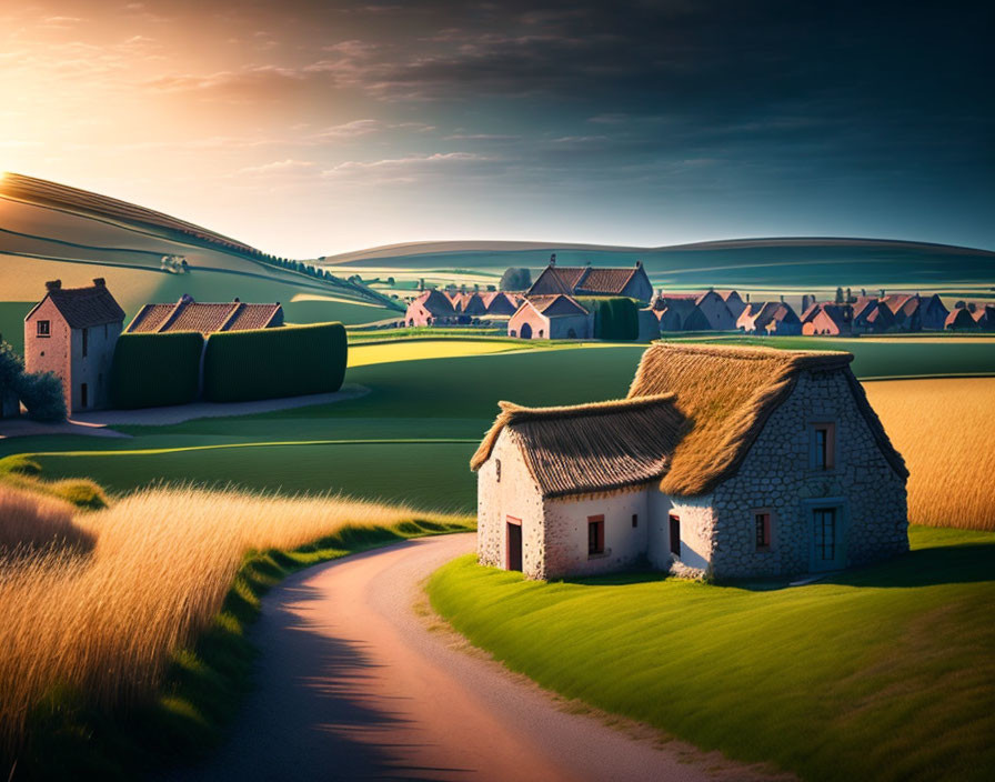 Tranquil rural sunset scene with winding road and thatched cottage