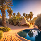 Tranquil oasis with palm trees, pond, and desert dunes at sunset