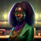 Digital illustration: Confident woman with glasses and afro in library setting