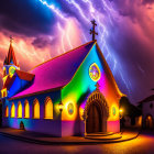 Colorful church lit by rainbow lights under stormy sky with purple lightning