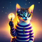 Stylized cat with human-like features holding microphone against starry backdrop