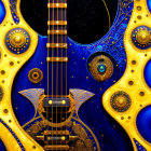 Abstract Guitar Artwork with Psychedelic Patterns in Blue and Gold