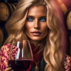 Blonde woman with blue eyes holding red wine glass by wine barrels