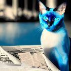 Digitally manipulated image of blue and white cat with human-like blue eyes reading newspaper on table.