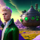 Blond man in stylish attire at futuristic spherical building in vibrant alien landscape