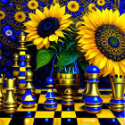 Artwork of Sunflowers, Chess Pieces, and Gears on Blue Background