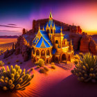 Ornate castle with blue and gold spires in desert twilight