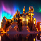 Majestic castle at twilight with aurora borealis and desert oasis.
