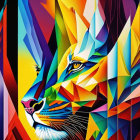 Vibrant geometric abstract lion face painting with angular shapes.