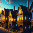 Victorian-style houses on cobblestone street at dusk with warm lights.