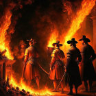 Four People in 17th-Century Attire by Raging Fire