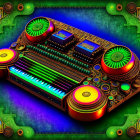 Colorful Futuristic Digital Art: Intricate Console Design on Abstract Background