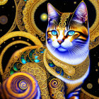 Vivid Cat Artwork with Golden Patterns and Blue Eyes