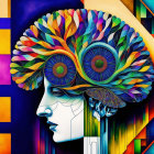 Colorful profile of human face with feather-like brain on abstract background