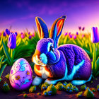 Colorful Rabbit and Egg Illustration with Tulips under Purple Sunset Sky