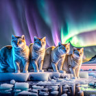 Four Cats on Icy Surface Under Aurora Borealis