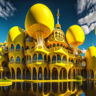 3D-rendered landscape with golden-yellow structures and mushroom-like domes