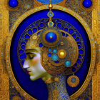 Digital artwork of stylized face with gold and blue jewelry & patterns