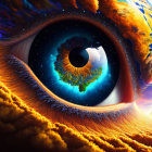 Surreal illustration of human eye with Earth-like planet and space elements