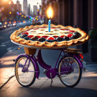 Purple Bicycle with Giant Fruit Pie and Candle on City Street Sunset Background