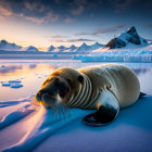 Seal resting on icy terrain with snow-covered mountains and colorful twilight sky reflected on calm waters.