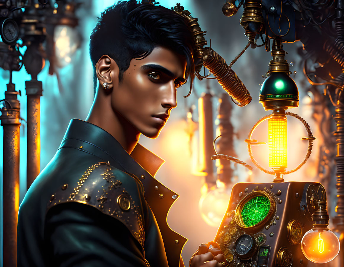 Stylized image of man with elaborate hair in steampunk setting