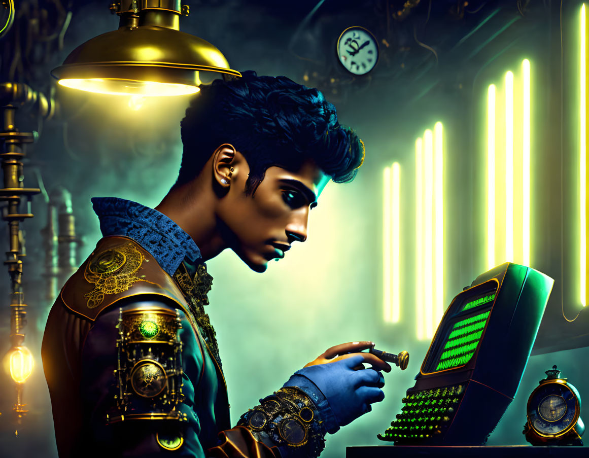 Elaborately dressed man uses retro-futuristic computer with neon lights and brass pipes
