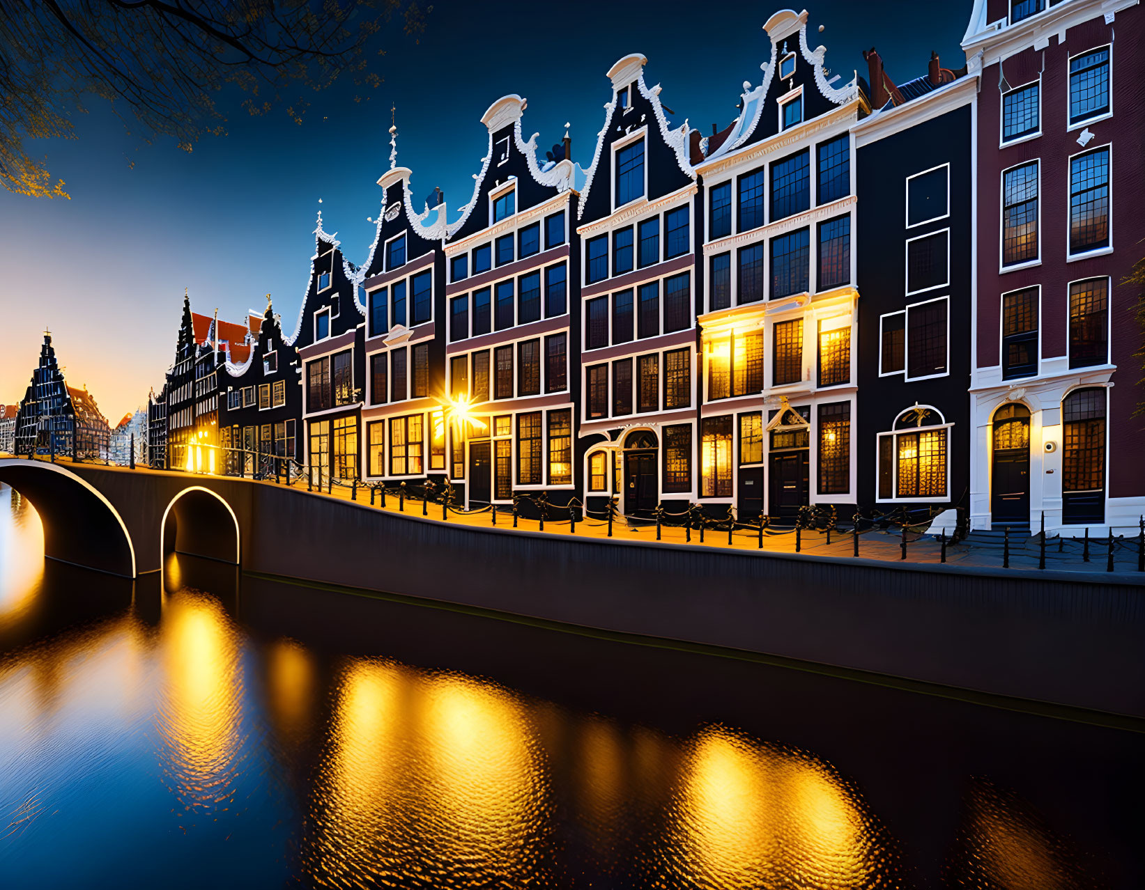 Calm Twilight Scene: Amsterdam Canal, Gabled Houses, Streetlights