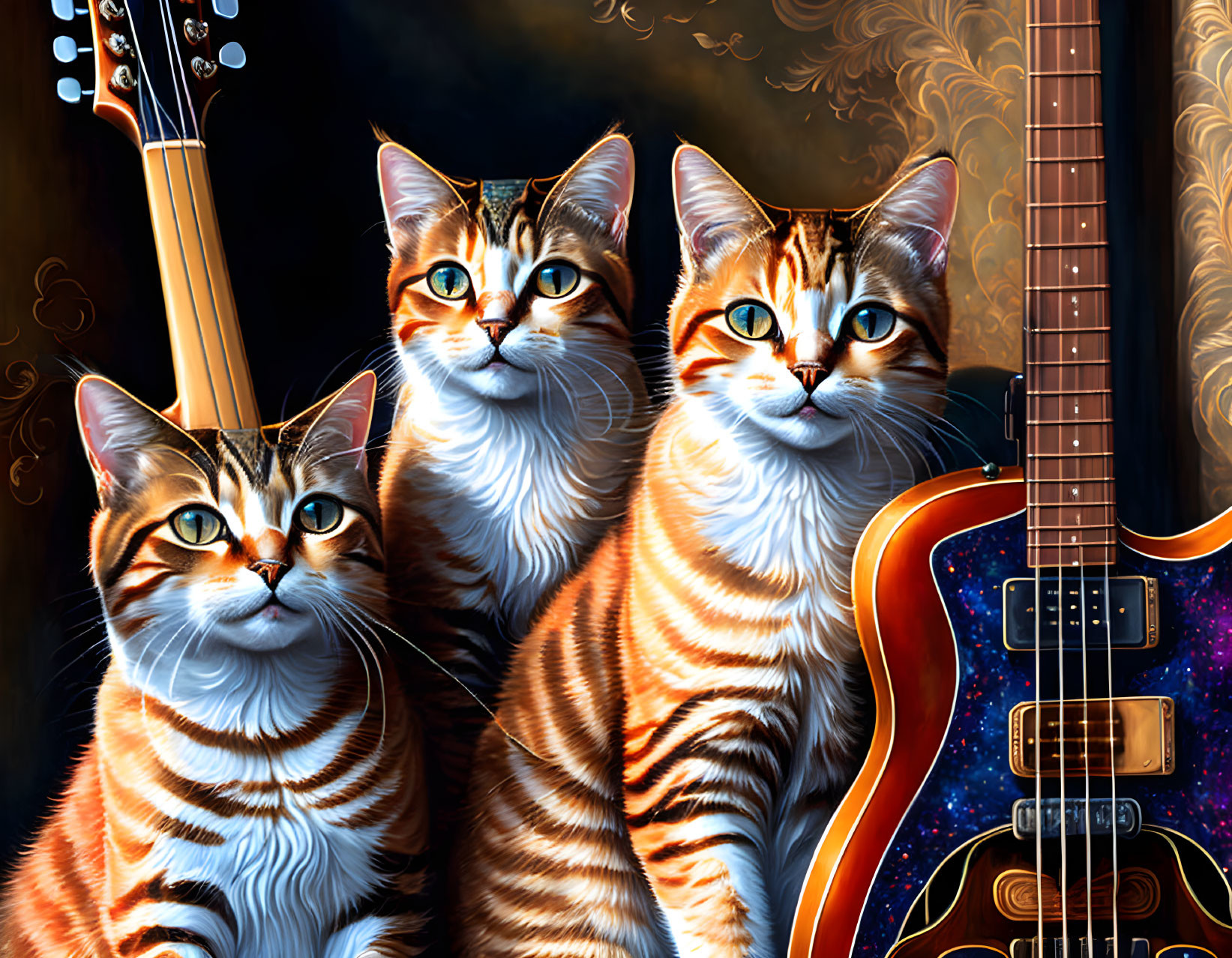 Stylized orange and white cats with electric guitar on cosmic background