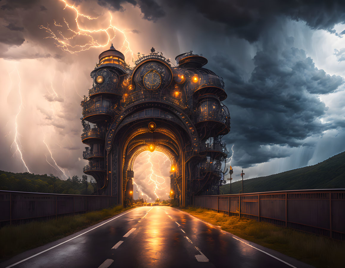 Surreal steampunk-style building under stormy sky